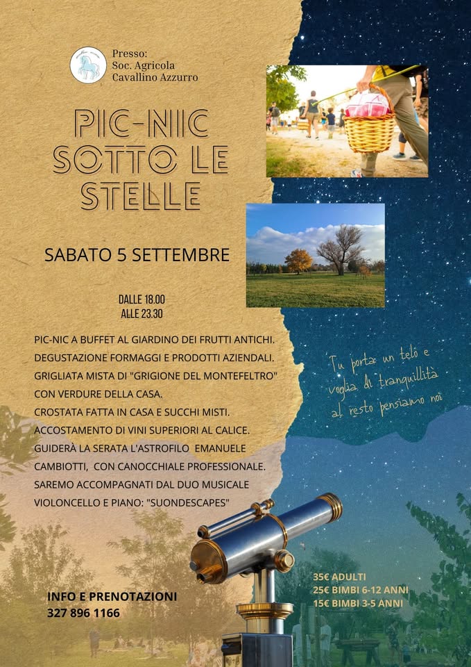 Locandina Pic-nic sotto le stelle del 5 settembre, con un telescopio e fotografie del giardino. Il testo è disponibile sotto il programma.