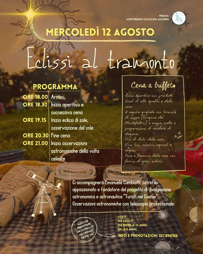 Locandina Eclissi al tramonto del 12 agosto, con il cielo serale e la cena in giardino. Il testo è disponibile sotto il programma.
