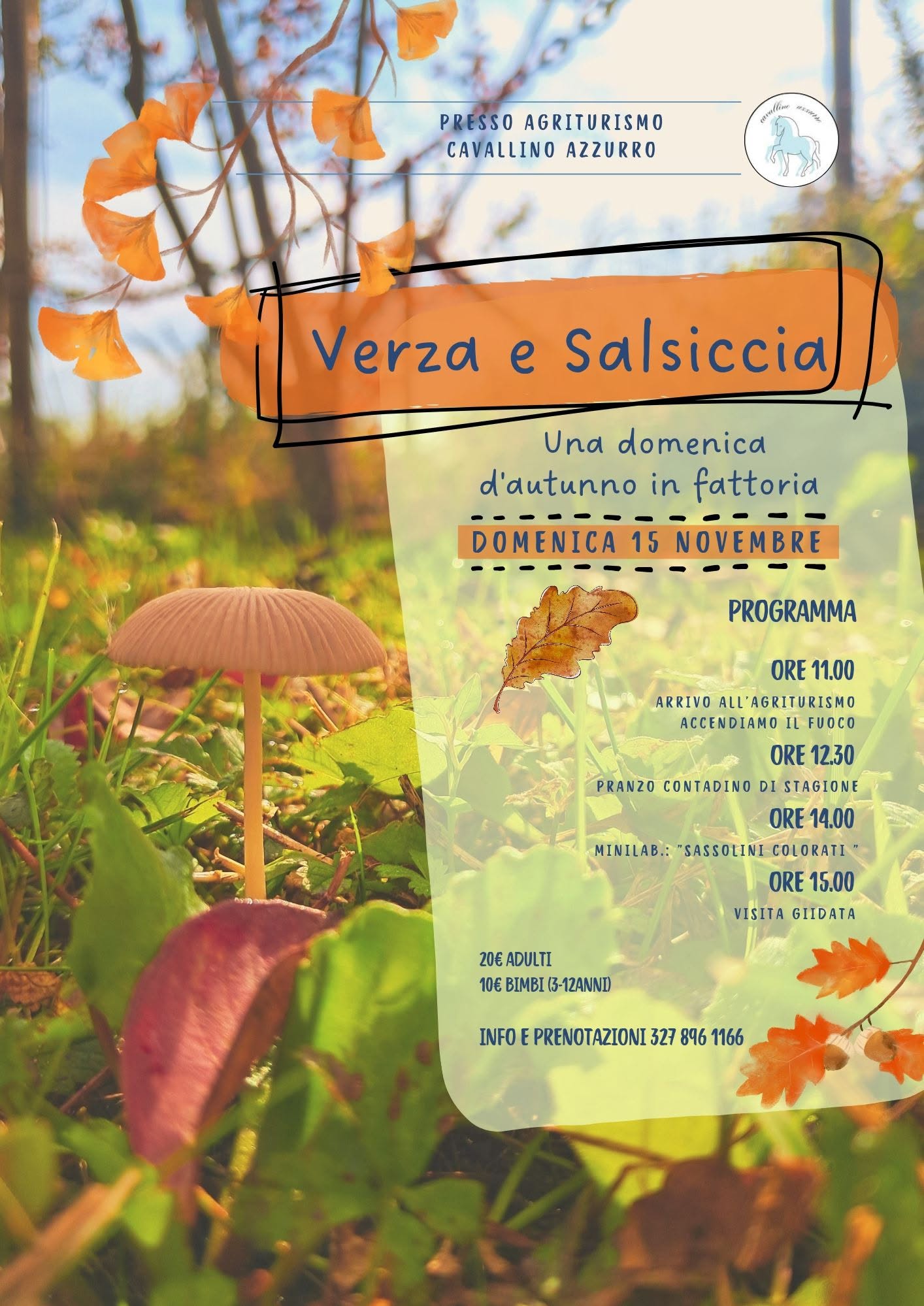 Locandina Verza e Salsiccia del 15 novembre, tra foglie autunnali e funghi. Il testo è disponibile sotto il programma.
