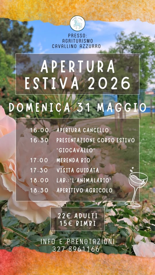 Locandina Apertura estiva 2026 del 31 maggio, sullo sfondo del giardino. Il testo è disponibile sotto il programma.
